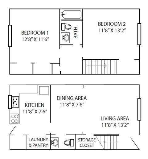 Floor plan for 2 beds, 1.5 baths, 949 sqft